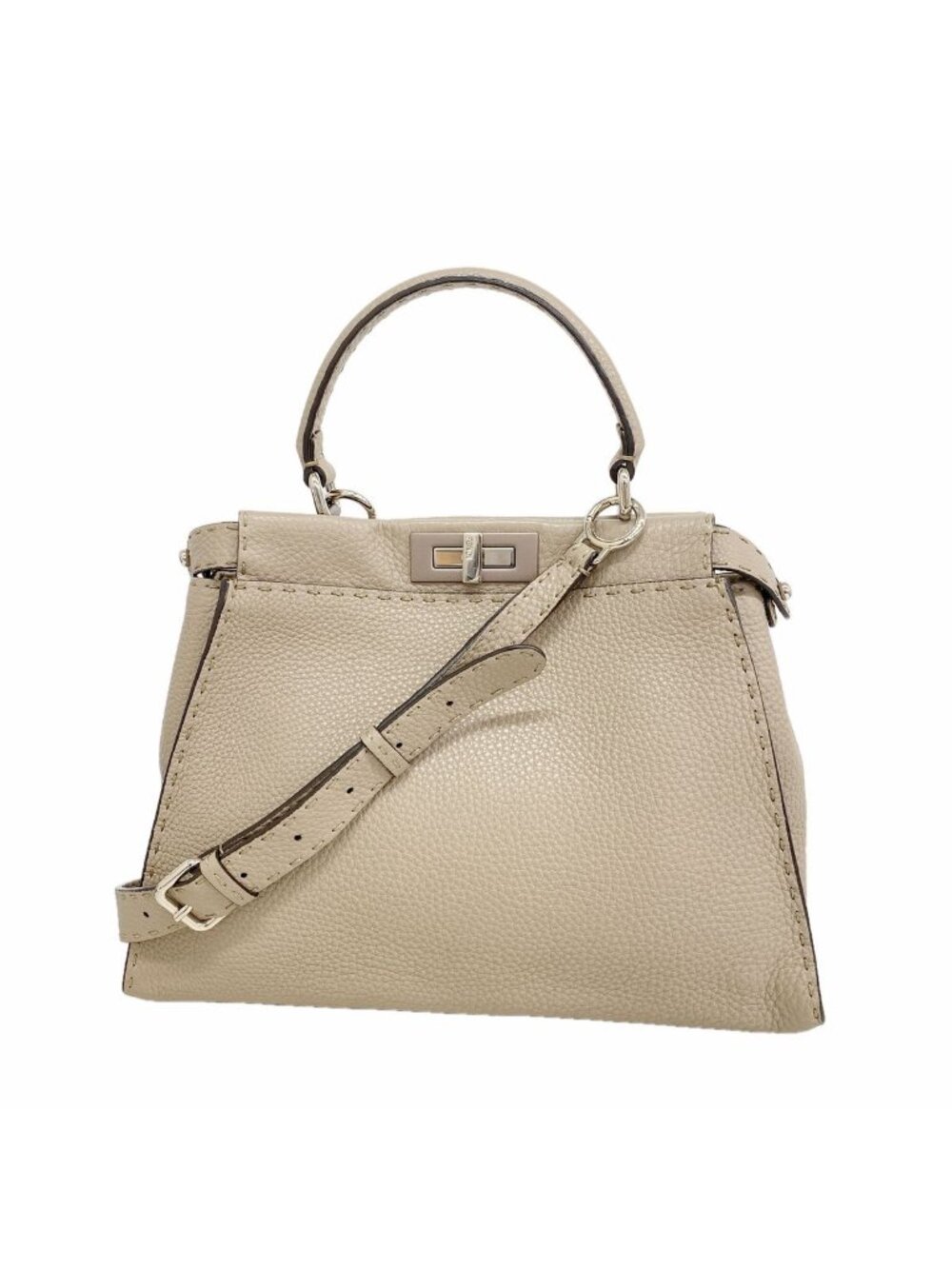 Fendi Handbag Selleria Peekaboo Leather Greige Silver 2-Way Bag